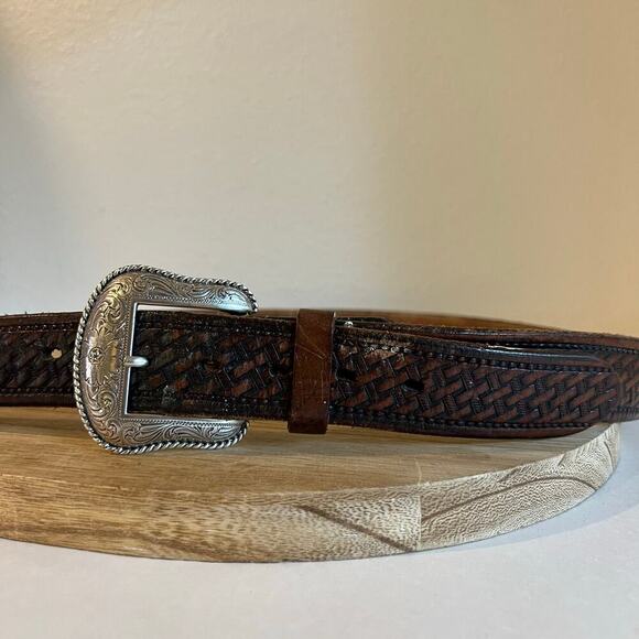 Brown Weaved Embossed Genuine Leather Western Silver Buckle Belt Size XXL - Picture 1 of 11